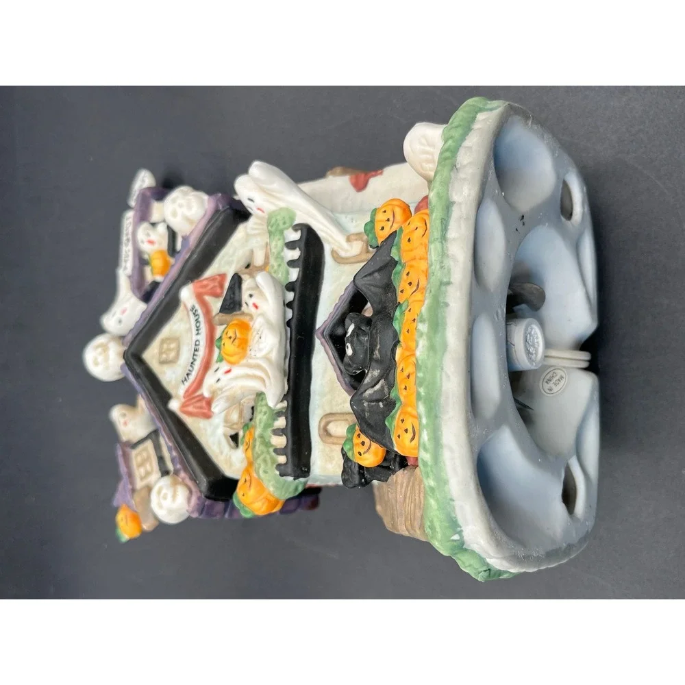 Vtg Light Up Ceramic Haunted House Halloween Ghost Pumpkin Bat Decor 7